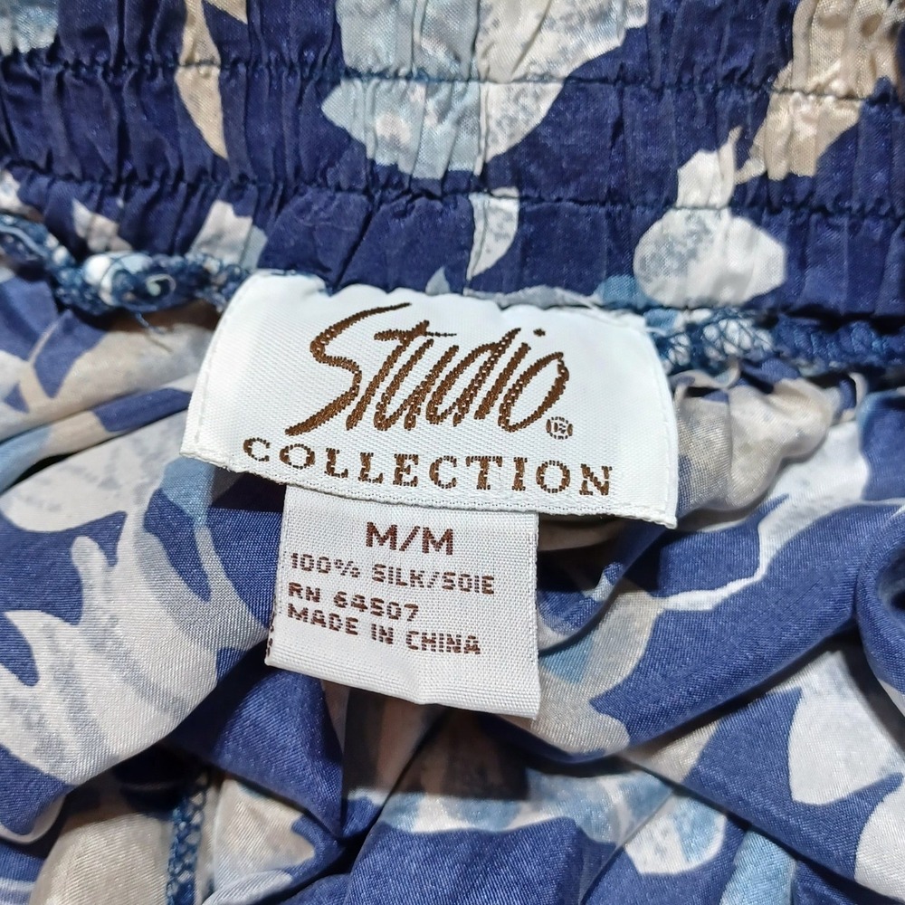 Silk Midi Skirt Womens M Blue Floral Elastic Waist Flowy Coastal Boho Resort - Picture 4 of 7